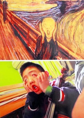 This composite picture shows Chinese pupil Chen Yuheng replicating the painting 