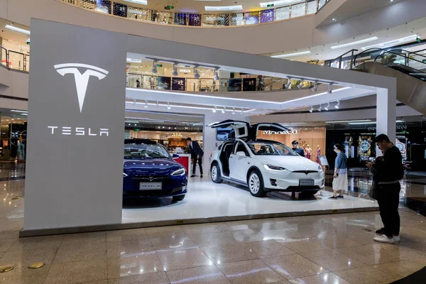 Datei Menschen Besuchen Den Stand Von Tesla Einem Einkaufszentrum Xiamen — Stockfoto