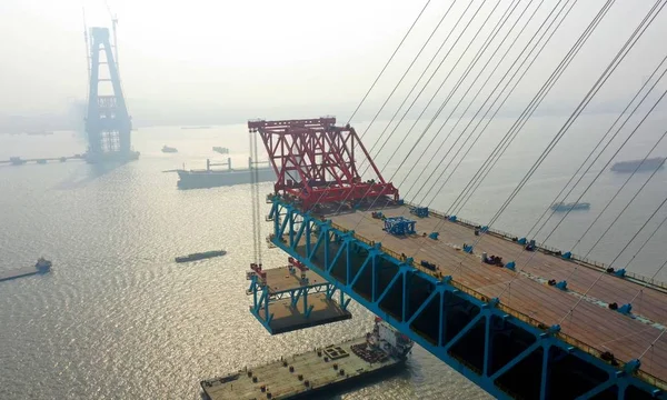 View Construction Site Main Pier World Longest Cable Stayed Bridge — стоковое фото