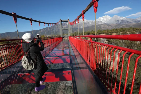 Los Visitantes Posan Para Las Fotos Puente Colgante Fondo Vidrio — Foto de Stock