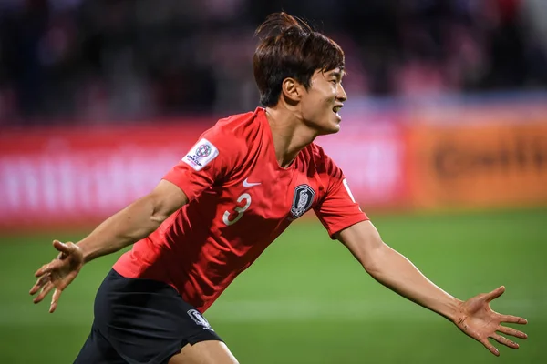 Kim Jin Dari Korea Selatan Merayakan Setelah Menyortir Gol Melawan — Stok Foto