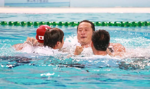 Trænere Spillere Japan Mænds Nationale Vandpolo Hold Fejre Efter Have - Stock-foto