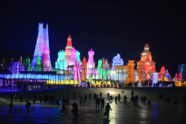 Vista Nocturna Las Esculturas Hielo 17º Harbin Ice Snow World — Foto de Stock