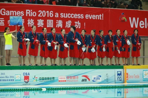 Jugadoras Del Equipo Nacional Waterpolo Femenino Japón Posan Durante Campeonato —  Fotos de Stock