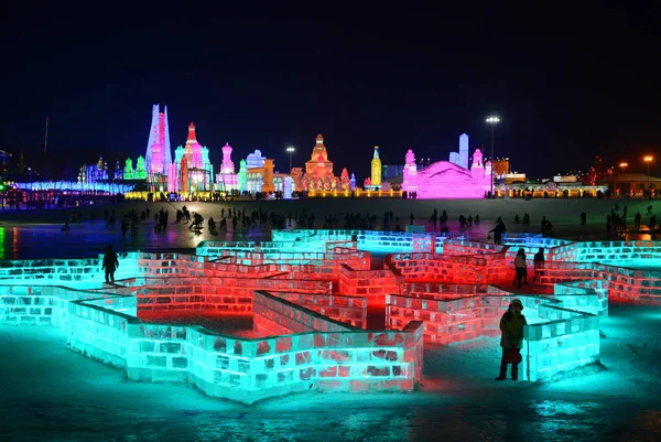 Vista Nocturna Las Esculturas Hielo 17º Harbin Ice Snow World — Foto de Stock