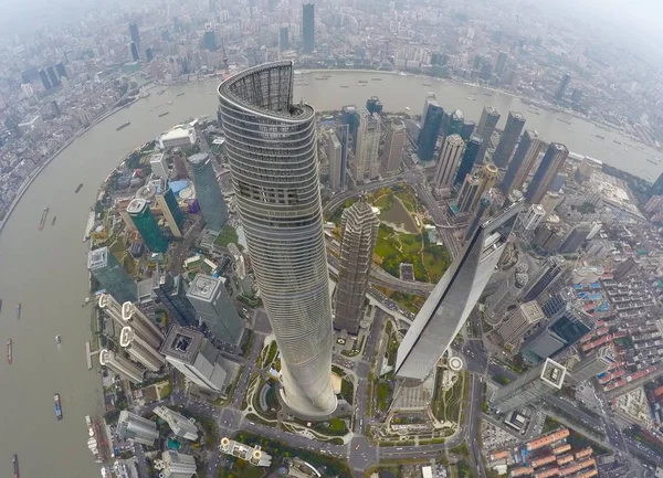 Vista Aérea Puxi Río Huangpu Distrito Financiero Lujiazui Con Torre —  Fotos de Stock