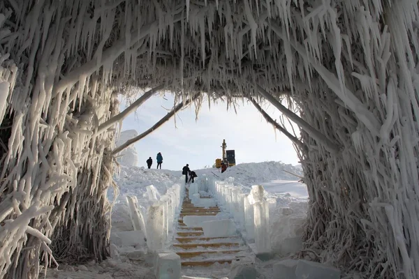 Artyści Zrobić Rzeźbę Lodu Ice Snow World Park Prefekturze Altay — Zdjęcie stockowe