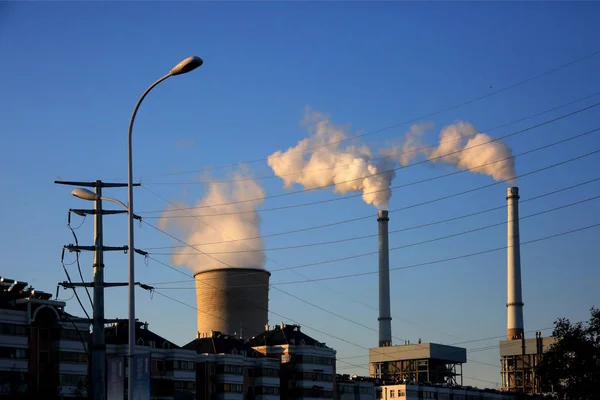 Dym Jest Odprowadzany Kominów Elektrowni Węglowej Mieście Huai Wschodnia Chiny — Zdjęcie stockowe