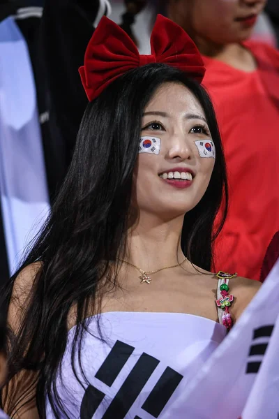 South Korean Football Fan Wearing National Flag Shows Support South — Stock Photo, Image