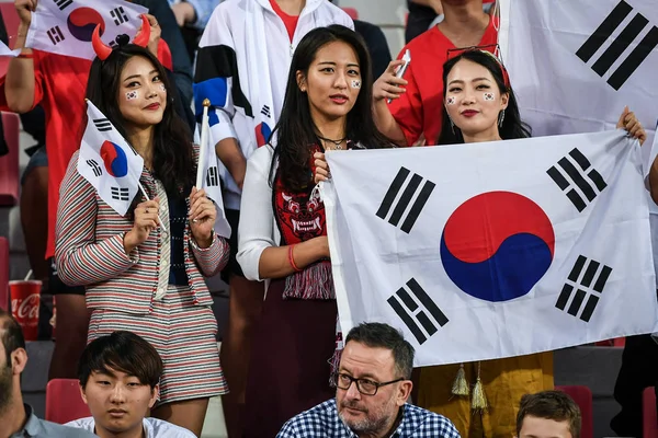 Fãs Futebol Sul Coreanos Mostram Apoio Para Seleção Futebol Coreia — Fotografia de Stock