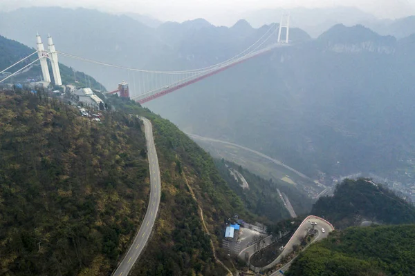 Vue Aérienne Pont Aizhai Pont Suspendu Sur Autoroute Baotou Maoming — Photo