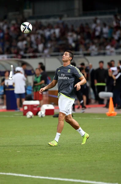 Cristiano Ronaldo Real Madrid Felmelegszik Előtt Barátságos Labdarúgó Mérkőzés Sanghaj — Stock Fotó