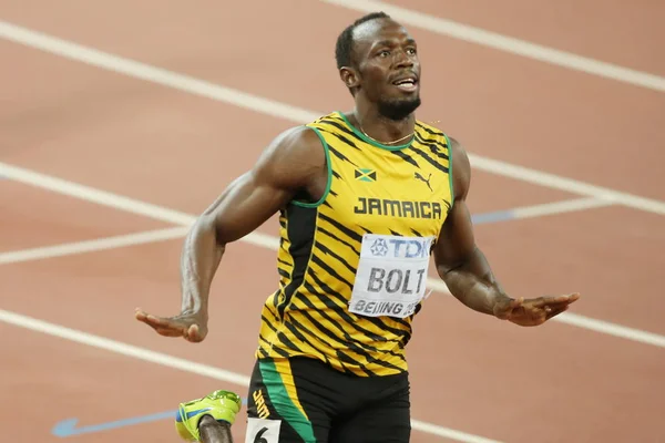 Usain Bolt Van Jamaica Reageert Het Winnen Van Finale Van — Stockfoto