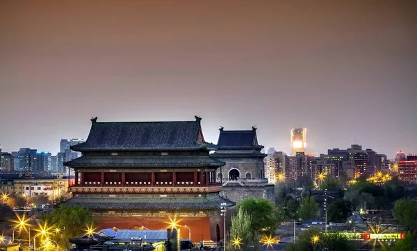 Pemandangan Malam Gulou Atau Menara Drum Beijing Beijing Cina April — Stok Foto