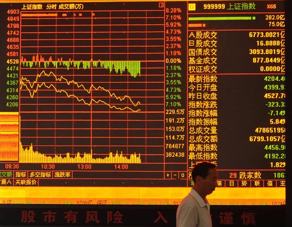 2015年6月26日 在中国东部安徽省阜阳市一家股票经纪公司 一位关注的中国投资者走过显示上证综指的屏幕 — 图库照片