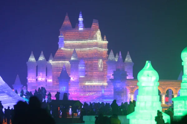 Nattvisning Skulpturer Före 32Nd Harbin International Och Snö Festival Harbin — Stockfoto