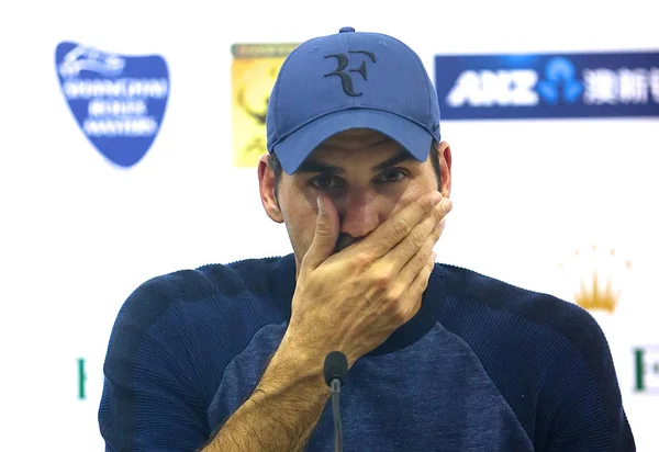 Roger Federer Suiza Reacciona Una Conferencia Prensa Después Haber Sido — Foto de Stock