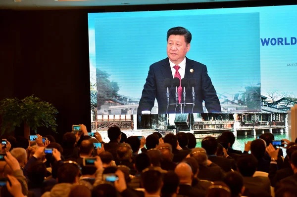 Гості Медіа Персонал Дивитися Пряму Трансляцію Китайського Президента Цзіньпін Доставку — стокове фото