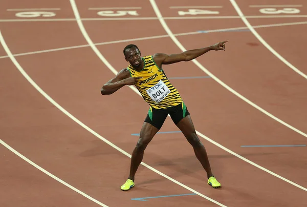 Usain Bolt Jamaica Celebrates Winning Men 100M Final Beijing 2015 — Stock Photo, Image