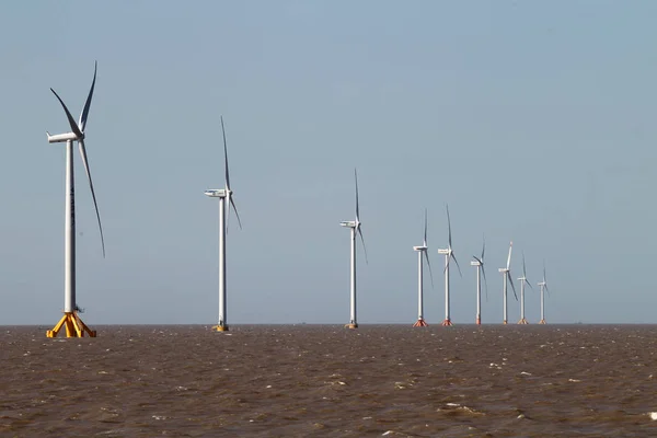 Wind Turbines Whirl Generate Electricity Offshore Wind Farm Rudong County — Stock Photo, Image