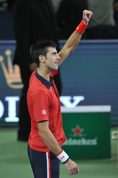 Novak Djokovic Serbii Reaguje Pokonaniu Wilfried Tsonga Francji Finałowym Meczu — Zdjęcie stockowe