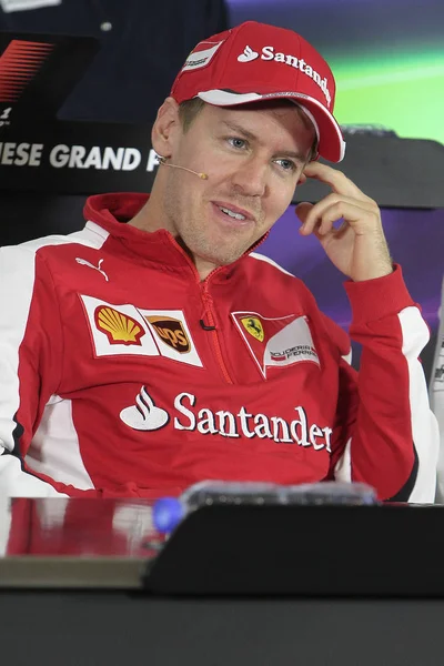 Pilota Tedesco Sebastian Vettel Della Ferrari Partecipa Una Conferenza Stampa — Foto Stock