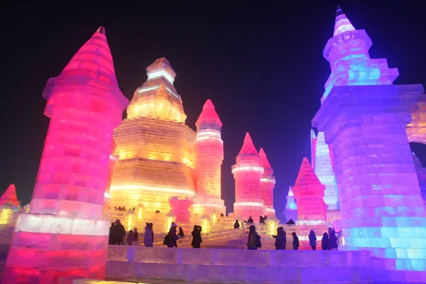 Éjszakai Kilátás Jég Szobrok 32Nd Harbin International Jég Fesztivál Harbin — Stock Fotó