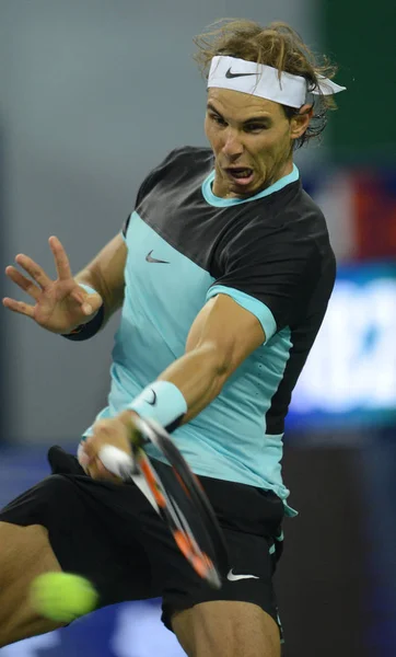 Rafael Nadal Spanyol Visszatér Egy Lövés Milos Raonic Kanadában Harmadik — Stock Fotó