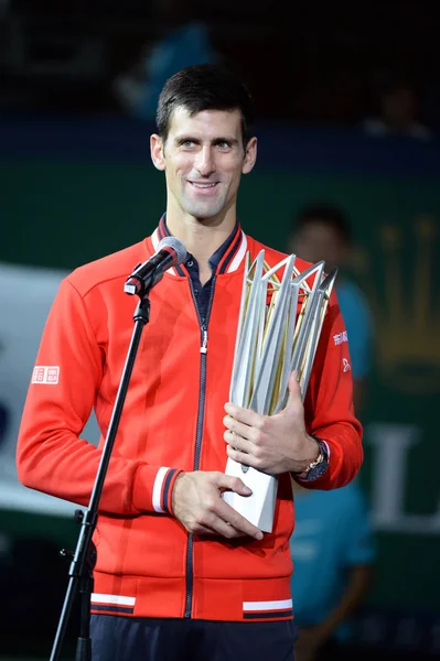 Novak Djokovic Serbie Pose Avec Son Trophée Lors Cérémonie Remise — Photo