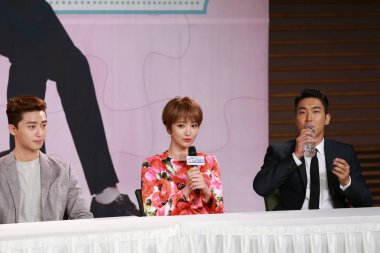 (From left) South Korean actor Park Seo-joon, actress Go Joon-hee, singer and actor Choi Si-won attend a press conference for their new TV drama 