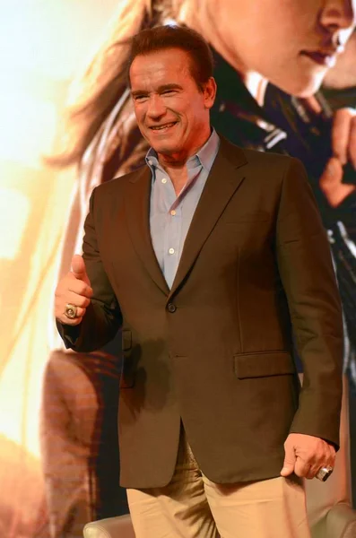 Acteur Américain Arnold Schwarzenegger Pose Lors Une Conférence Presse Pour — Photo