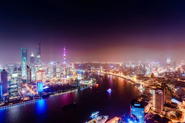 Vista Nocturna Puxi Río Huangpu Distrito Financiero Lujiazui Con Oriental —  Fotos de Stock