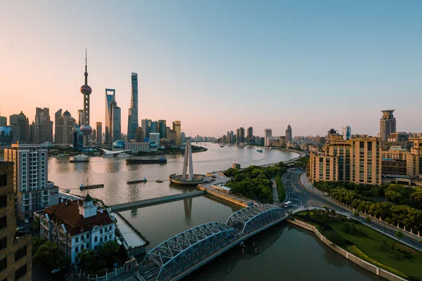 Skyline Puxi Con Puente Waibaidu Río Huangpu Distrito Financiero Lujiazui — Foto de Stock