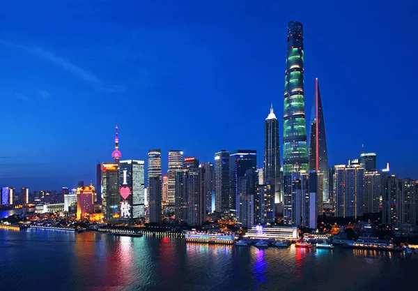 Éjszakai Kilátás Shanghai Torony Legmagasabb Shanghai World Financial Center Második — Stock Fotó