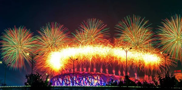 Ohňostroj Explodoval Nad Pekingským Národním Stadionem Který Byl Také Znám — Stock fotografie