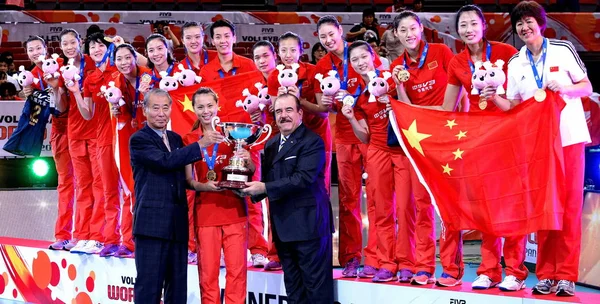 Treinador Principal Lang Ping Direita Jogadores Equipe Nacional Voleibol China — Fotografia de Stock