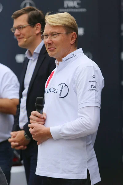 Motorista Finlandês Aposentado Mika Hakkinen Direita Posa Durante Evento Promocional — Fotografia de Stock