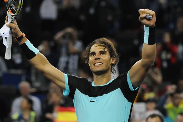 Rafael Nadal Ισπανία Αντιδρά Μετά Από Νικώντας Μήλος Ράονιτς Του — Φωτογραφία Αρχείου