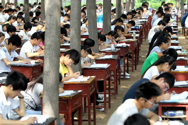 Studenten Von Fengqiu Mittelschüler Nehmen Ihrer Abschlussprüfung Einem Waldstück Der — Stockfoto