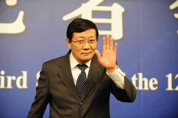 Čínský Ministr Financí Lou Jiwei Vlny Tiskové Konferenci Během Třetího — Stock fotografie