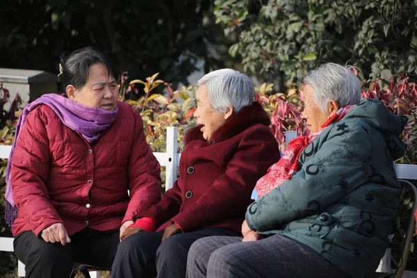 Chinese Ouderen Praten Als Een Rust Een Park Xuchang Stad — Stockfoto