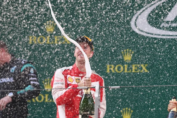 Sebastian Vettel Della Ferrari Tedesca Spruzza Champagne Festeggiare Durante Cerimonia — Foto Stock