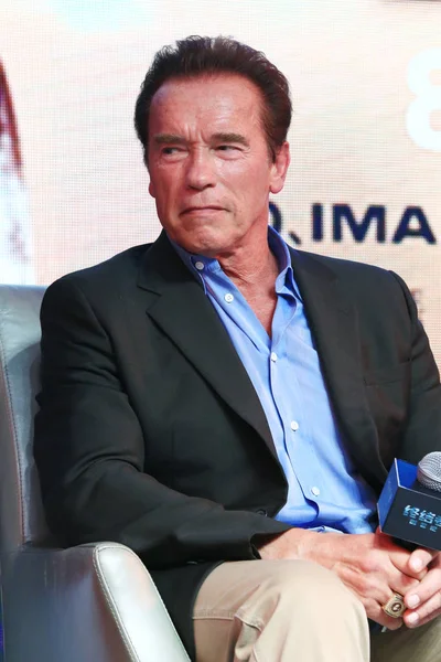 Acteur Américain Arnold Schwarzenegger Assiste Une Conférence Presse Pour Son — Photo