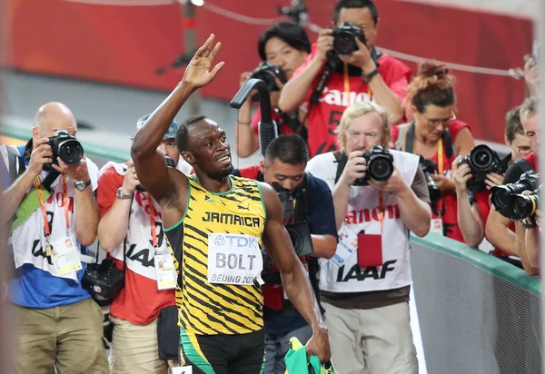Usain Bolt Della Giamaica Davanti Festeggia Dopo Aver Vinto Finale — Foto Stock