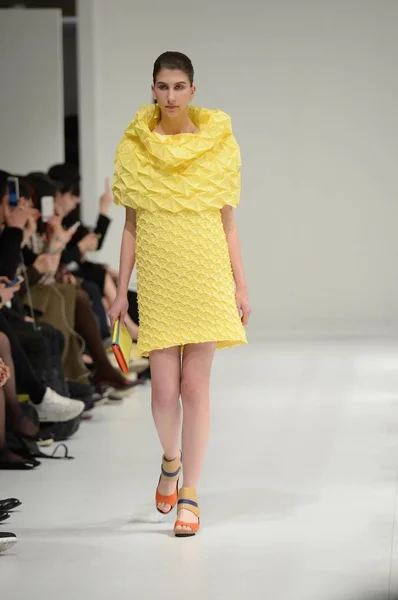 モデルは 2015 イッセイ三宅春 2015年ファッションのショーで新しい創造を表示します — ストック写真