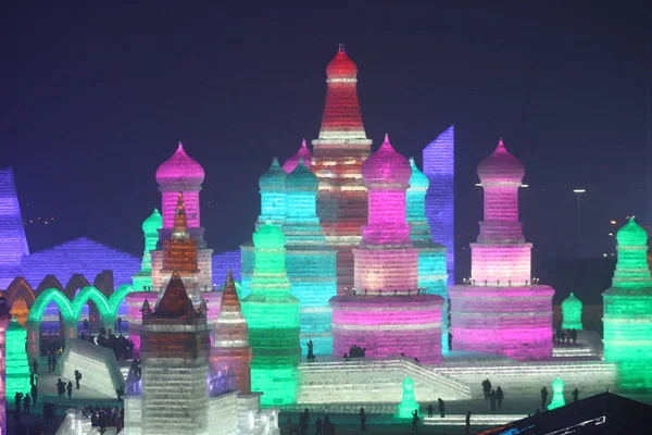 Éjszakai Kilátás Jég Szobrok 32Nd Harbin International Jég Fesztivál Harbin — Stock Fotó
