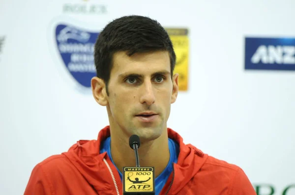 Novak Djokovic Serbii Uczestniczy Konferencji Prasowej Dla 2015 Turniej Tenisowy — Zdjęcie stockowe