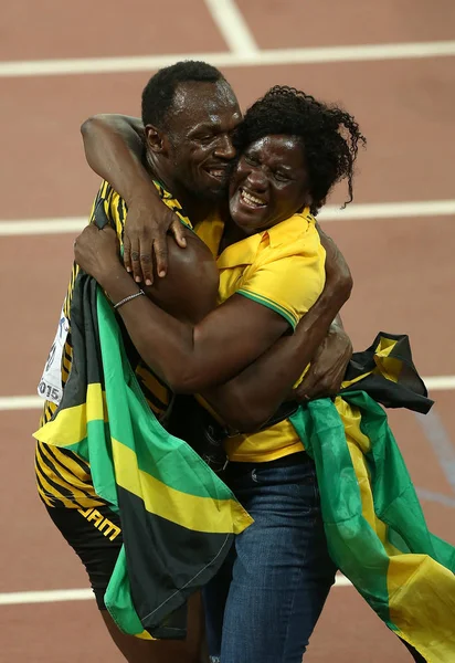 Usain Bolt Della Giamaica Sinistra Festeggia Dopo Aver Vinto Finale — Foto Stock