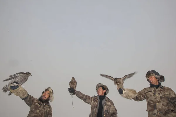 Falconers Memegang Falkon Mereka Masyarakat Pedesaan Ying Tun Yang Dikenal — Stok Foto