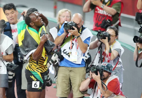 Usain Bolt Della Giamaica Davanti Festeggia Dopo Aver Vinto Finale — Foto Stock